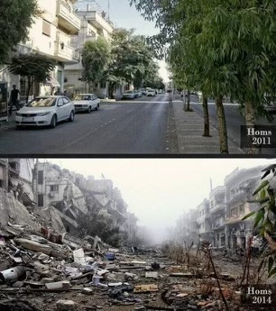Sama tänav Süürias Homsis 2011. ja 2014. aastal