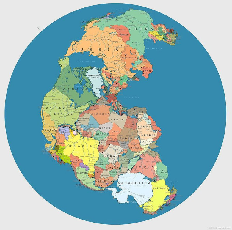 Pangea, umbes 300 miljonit aastat tagasi eksisteerinud superkontinent, on näidatud tänapäevaste riikide piiridega.